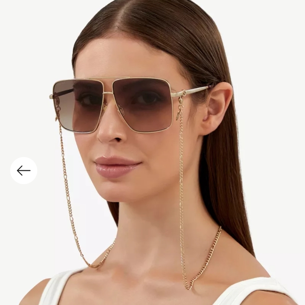 New Gucci Gold Frame Sunglasses with Brown Lenses and Chain